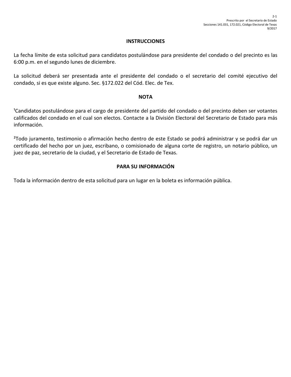 Form 2-1 Application for Chair on the Party General Primary Ballot - Texas (English / Spanish), Page 4