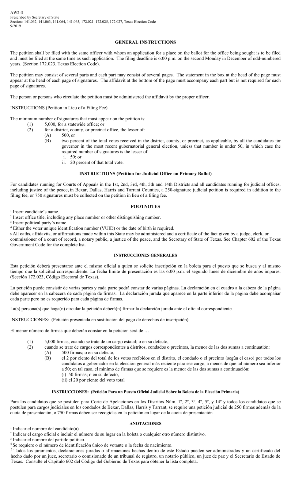 Form AW2-3 Petition in Lieu of a Filing Fee and / or Petition for Judicial Office (For Use in a Primary Election) - Texas (English / Spanish), Page 2