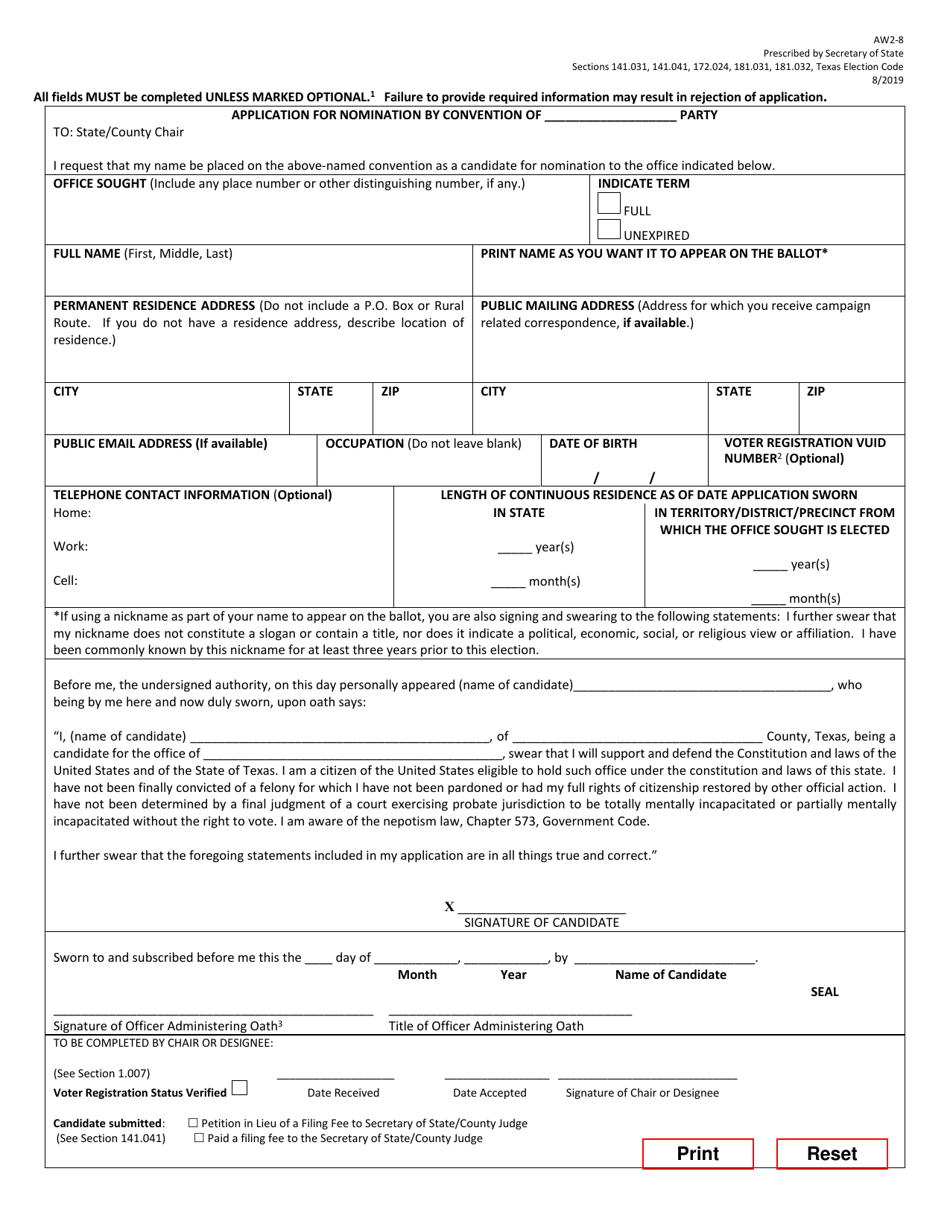 Form AW2-8 Application for Nomination by Convention of Party - Texas (English / Spanish), Page 1