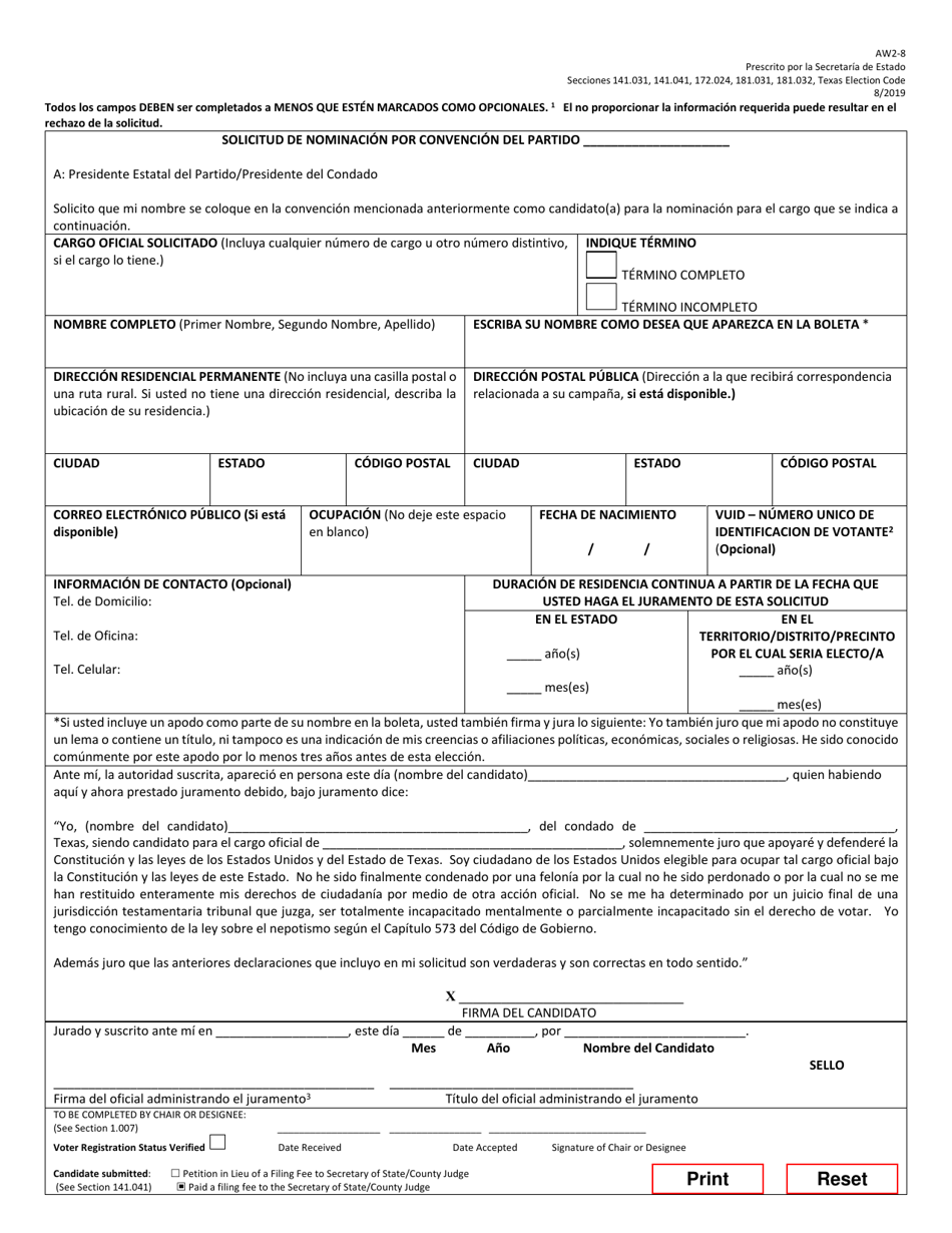 Form AW2-8 Application for Nomination by Convention of Party - Texas (English / Spanish), Page 4