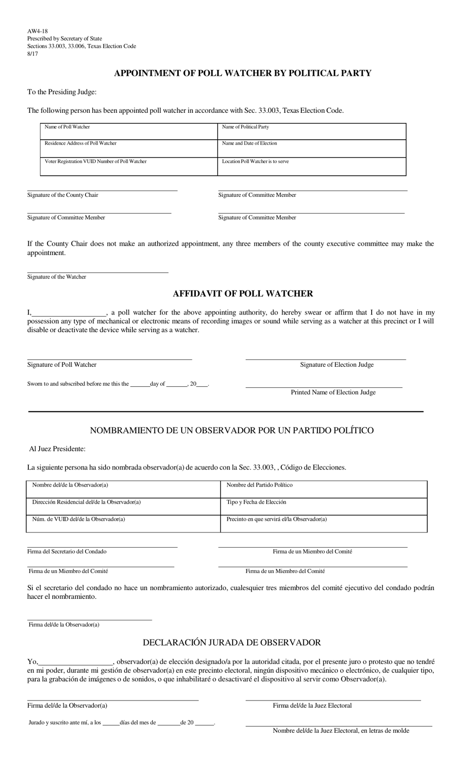 Form AW4-18 Appointment of Poll Watcher by Political Party - Texas (English / Spanish), Page 1