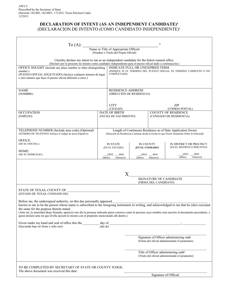 Form AW2-5 Declaration of Intent (As an Independent Candidate) - Texas (English / Spanish), Page 1