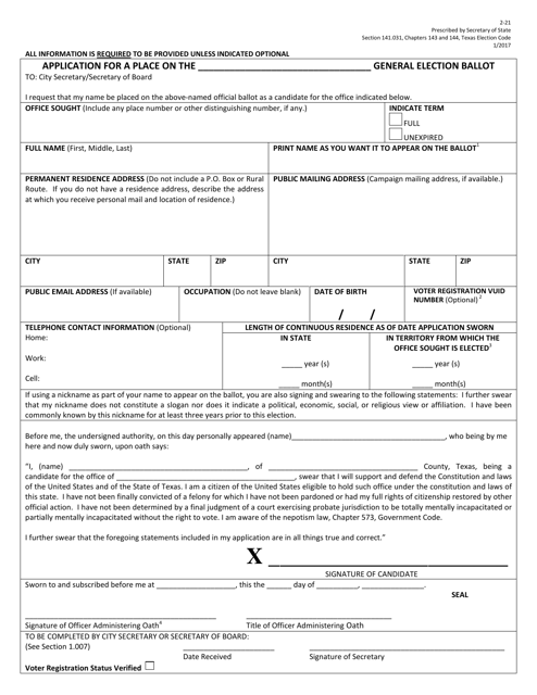 Form 2-21 Application for Place on the General Election Ballot - Texas (English/Spanish)