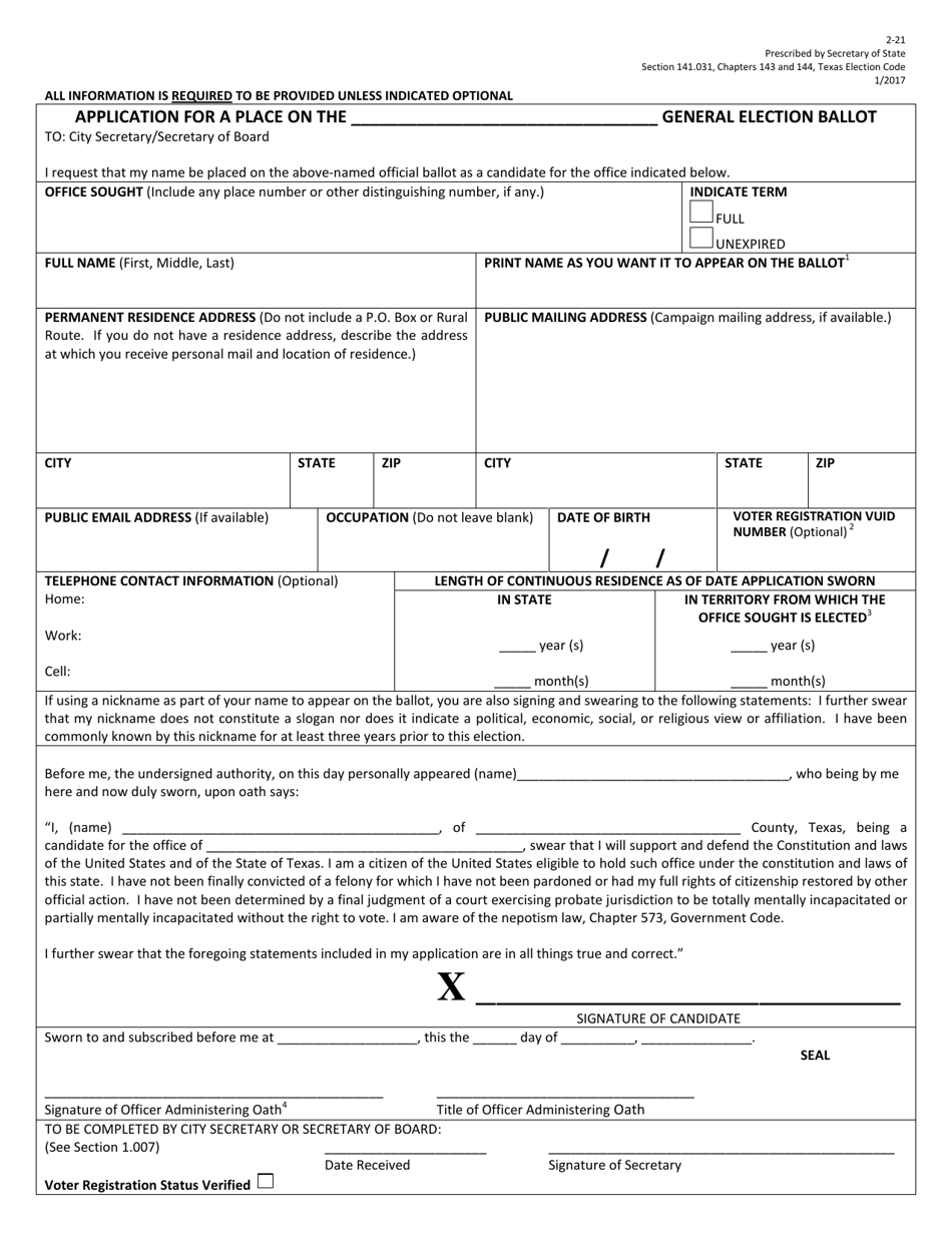 Form 2-21 Application for Place on the General Election Ballot - Texas (English / Spanish), Page 1