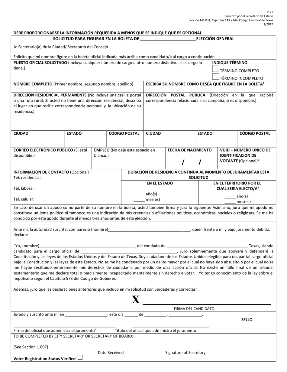 Form 2-21 Application for Place on the General Election Ballot - Texas (English / Spanish), Page 3