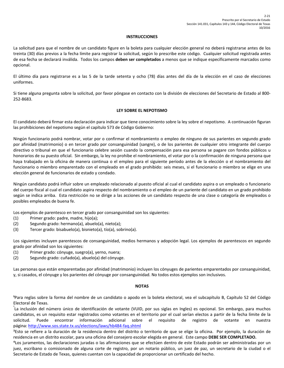 Form 2-21 Application for Place on the General Election Ballot - Texas (English / Spanish), Page 4