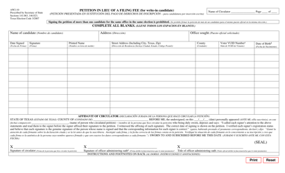 Document preview: Form AW2-10 Petition in Lieu of a Filing Fee (For Write-In Candidate) - Texas (English/Spanish)