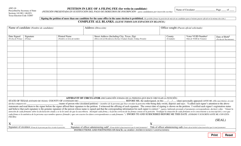 Form AW2-10 Petition in Lieu of a Filing Fee (For Write-In Candidate) - Texas (English / Spanish), Page 1