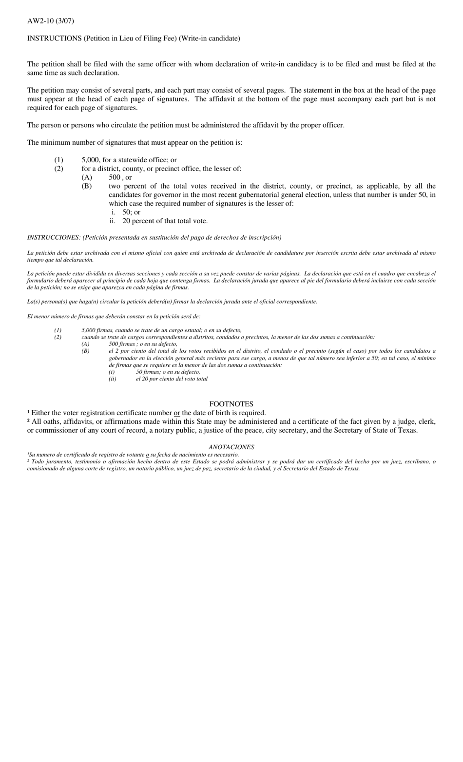 Form AW2-10 Petition in Lieu of a Filing Fee (For Write-In Candidate) - Texas (English / Spanish), Page 2