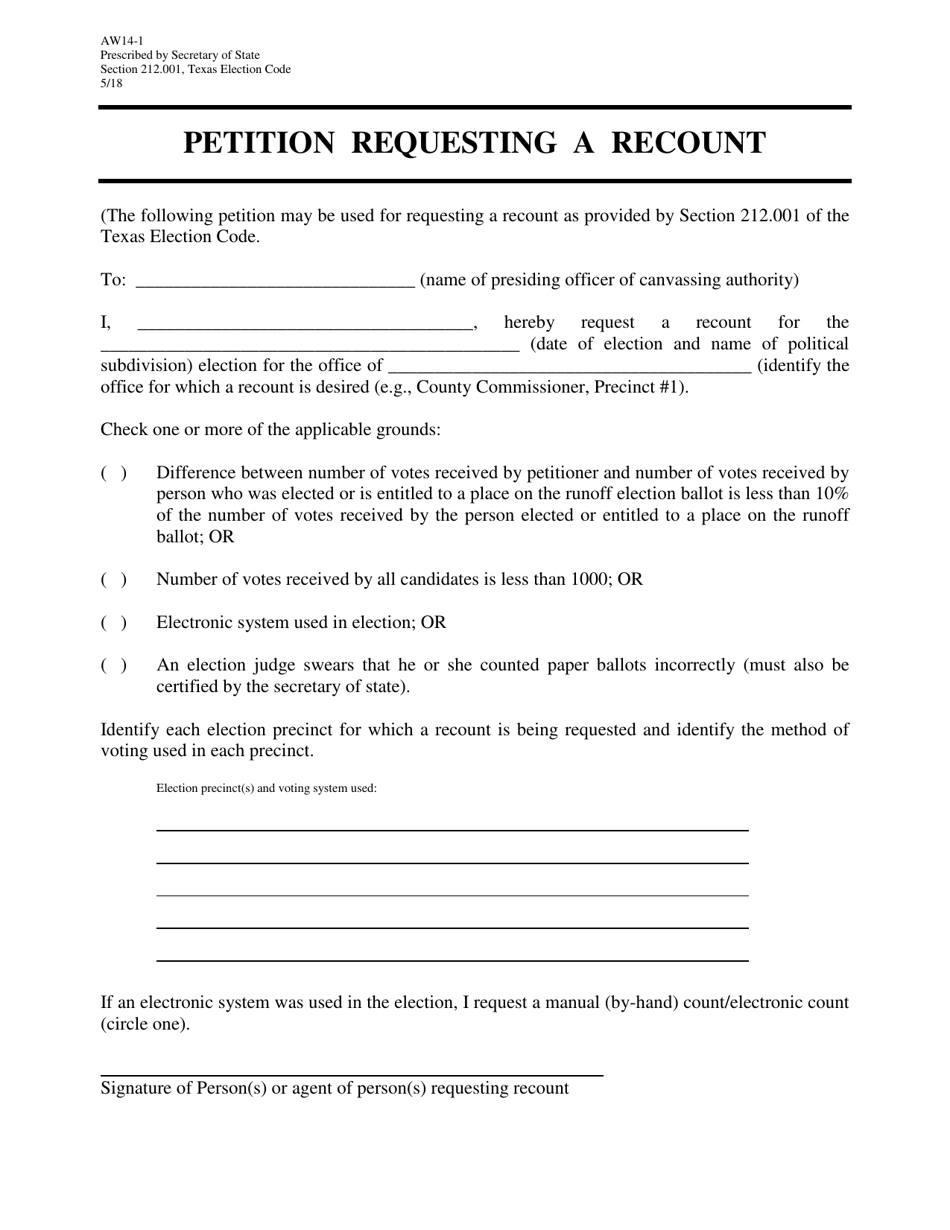 Form AW14-1 Petition Requesting a Recount - Texas, Page 1