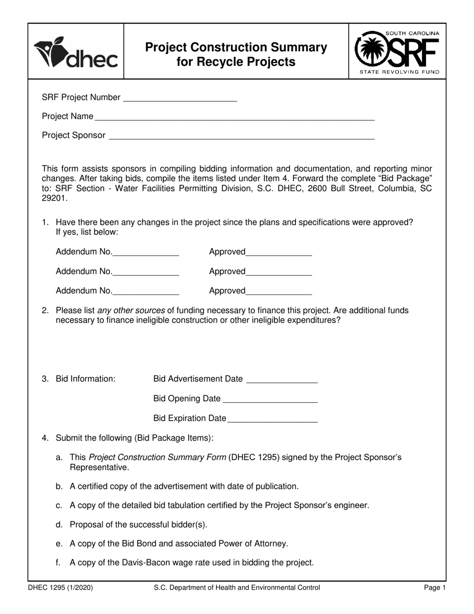 DHEC Form 1295 Project Construction Summary for Recycle Projects - South Carolina, Page 1