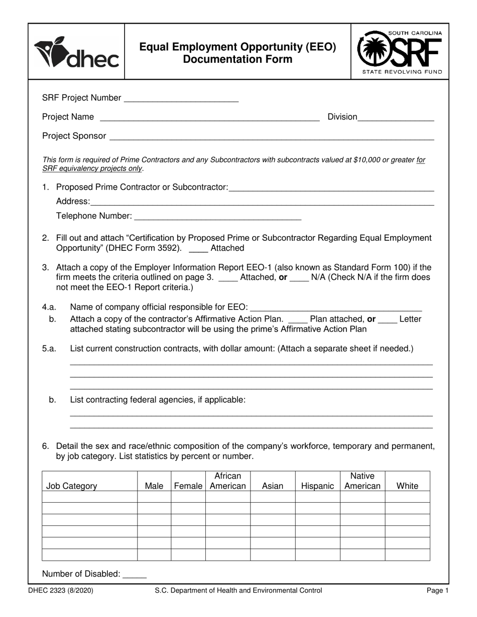 DHEC Form 2323 Equal Employment Opportunity (EEO) Documentation Form - South Carolina, Page 1