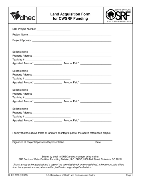 DHEC Form 2553 Land Acquisition Form for Cwsrf Funding - South Carolina