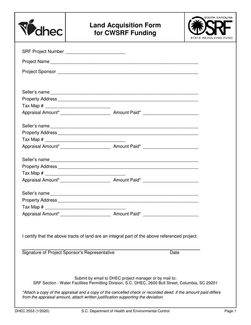 DHEC Form 2553 Land Acquisition Form for Cwsrf Funding - South Carolina, Page 1