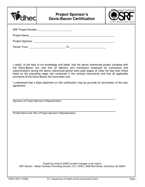 DHEC Form 2557  Printable Pdf