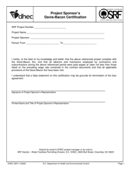 DHEC Form 2557 Project Sponsor&#039;s Davis-Bacon Certification - South Carolina