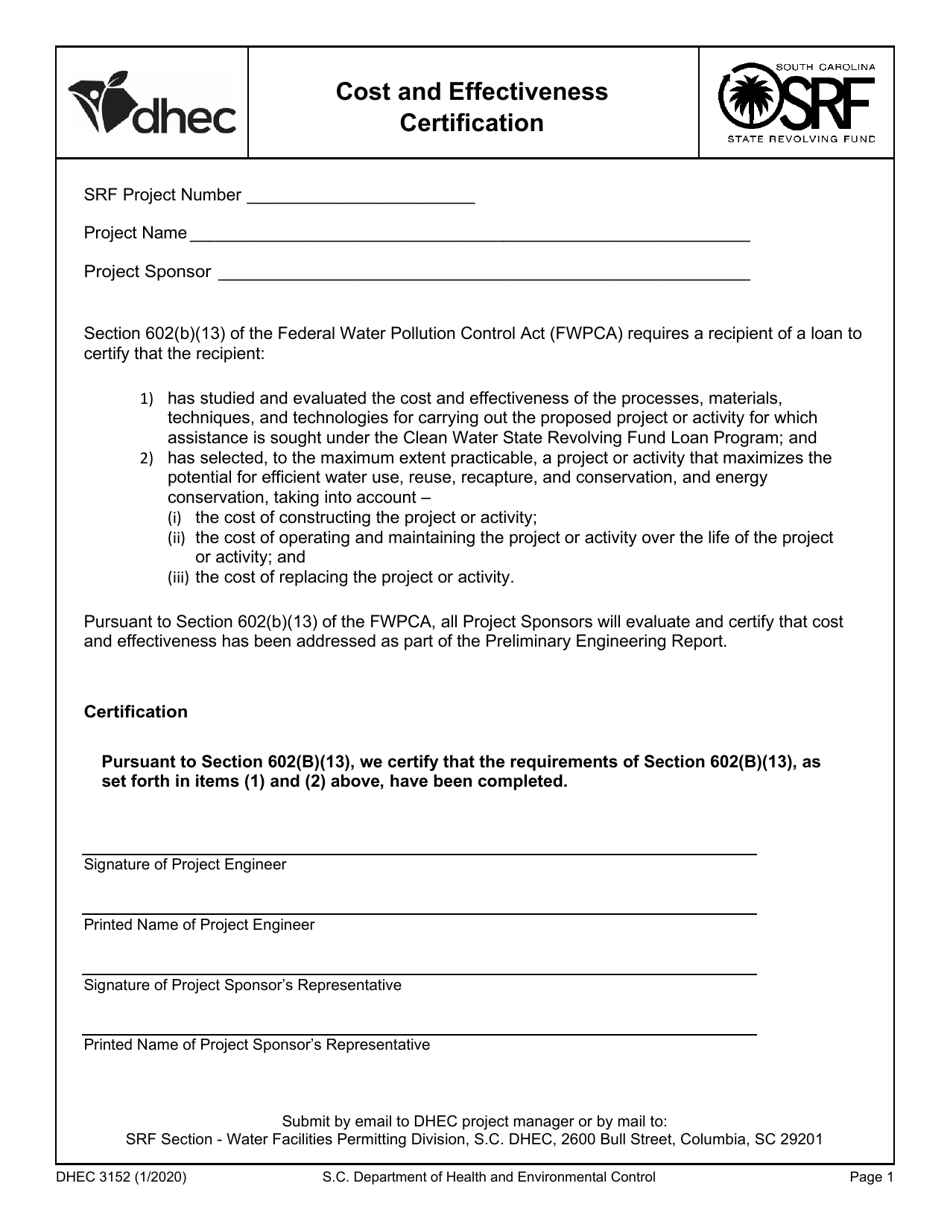 DHEC Form 3152 Cost and Effectiveness Certification - South Carolina, Page 1