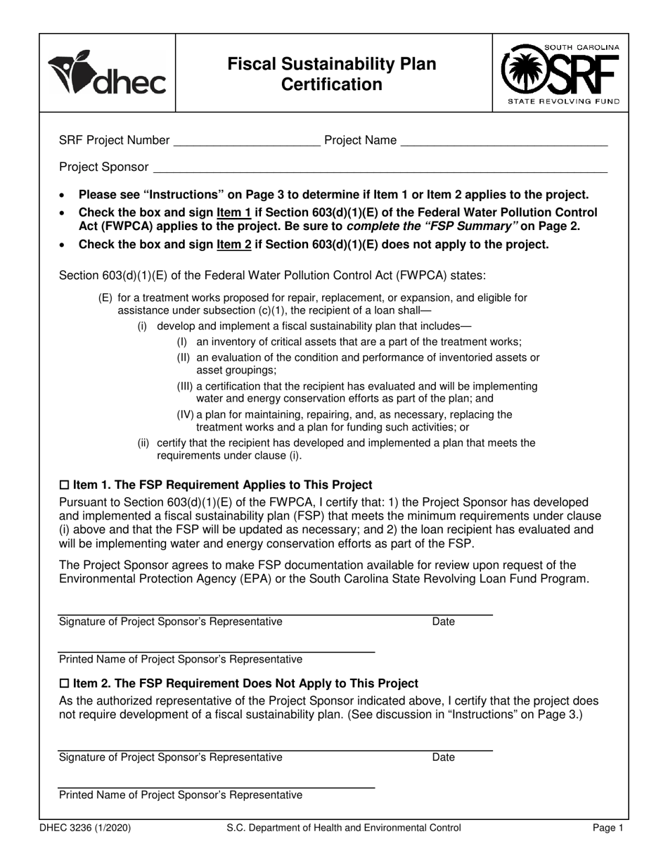 DHEC Form 3236 Fiscal Sustainability Plan Certification - South Carolina, Page 1