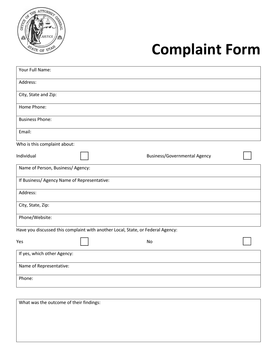 Utah Complaint Form Fill Out, Sign Online and Download PDF