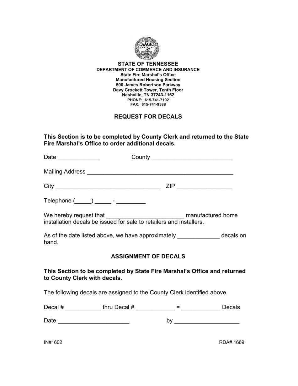 Form IN-1602 Request for Decals - Tennessee, Page 1