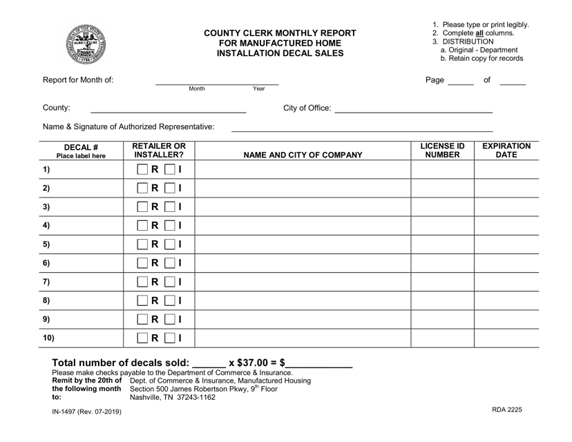 Form IN-1497 County Clerk Monthly Report for Manufactured Home Installation Decal Sales - Tennessee