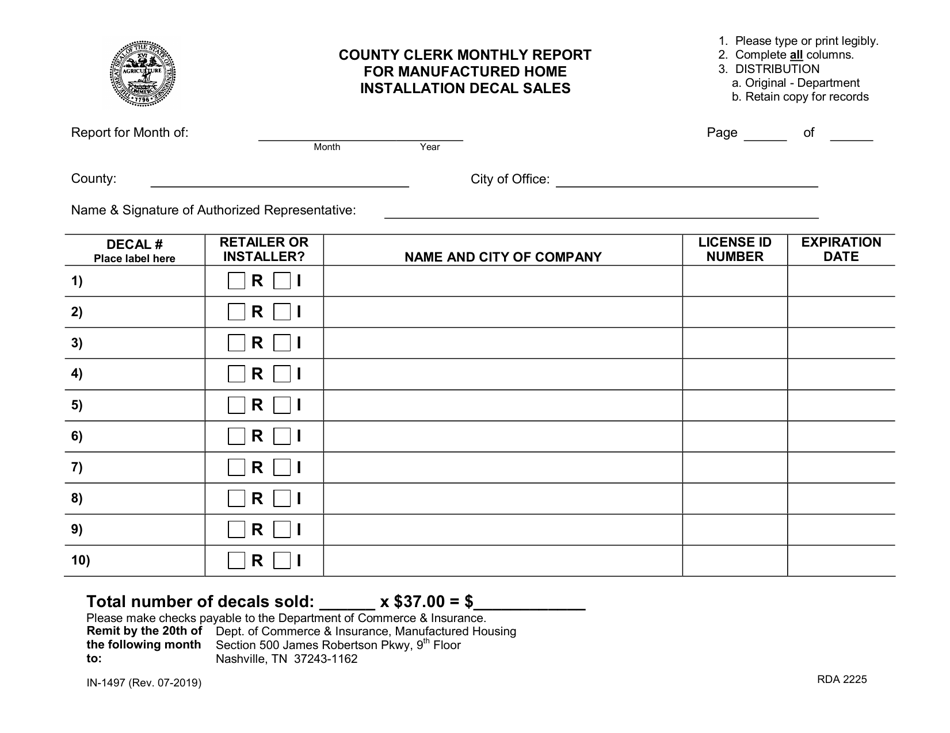 Form IN-1497 County Clerk Monthly Report for Manufactured Home Installation Decal Sales - Tennessee, Page 1