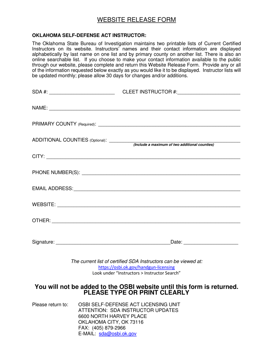 Website Release Form - Oklahoma, Page 1