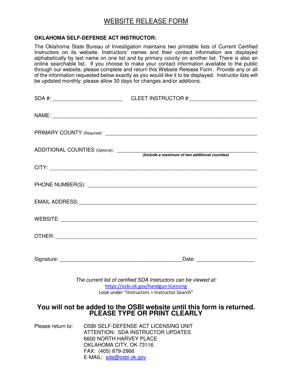 Oklahoma Website Release Form - Fill Out, Sign Online and Download PDF ...
