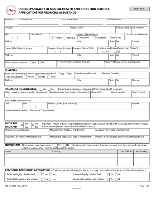 Form DMHAS-7097 Application for Financial Assistance - Ohio