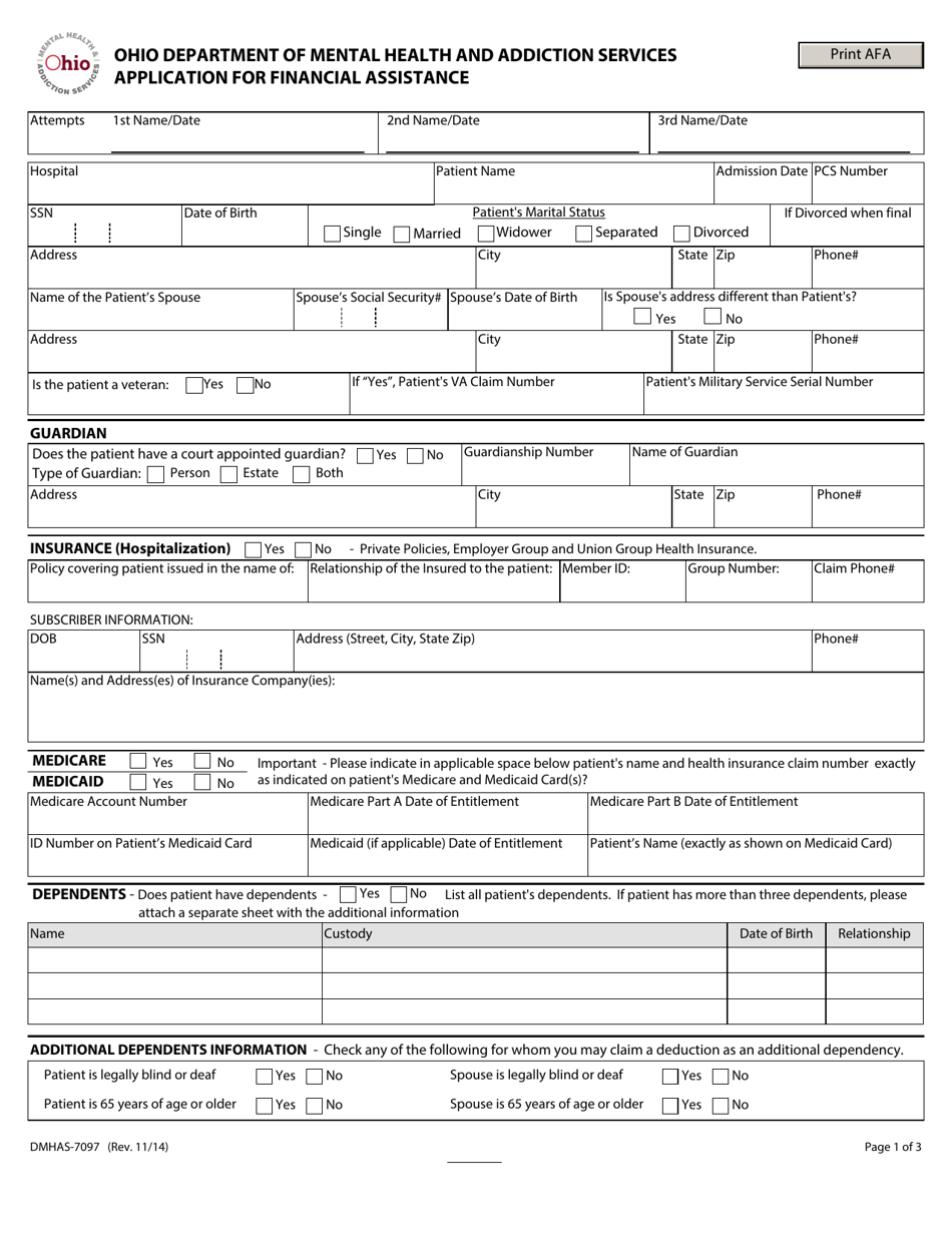 Form DMHAS-7097 Application for Financial Assistance - Ohio, Page 1