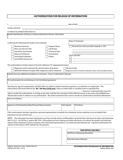 Form DMHAS-0037 Authorization for Release of Information - Ohio