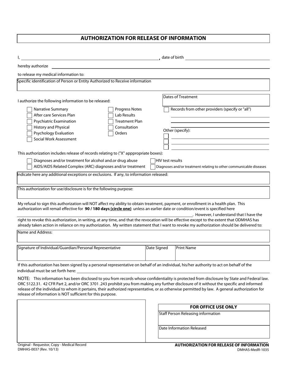 Form DMHAS-0037 Authorization for Release of Information - Ohio, Page 1