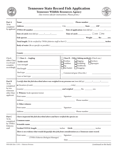 Form WR-0285 Tennessee State Record Fish Application - Tennessee