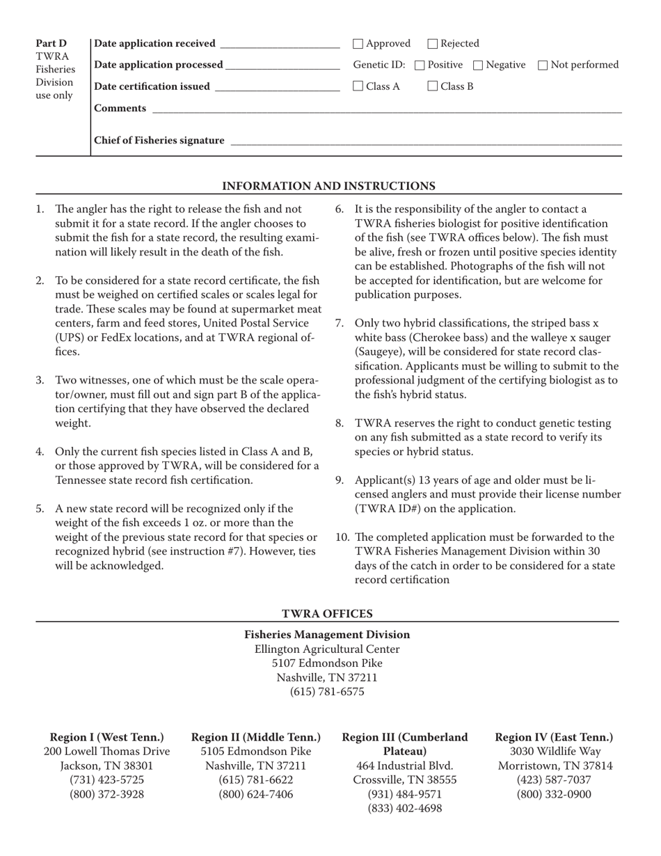 Form WR-0285 Tennessee State Record Fish Application - Tennessee, Page 2