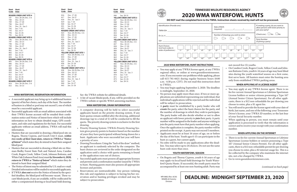 Form WR-0882 Wma Waterfowl Hunts - Tennessee, Page 1