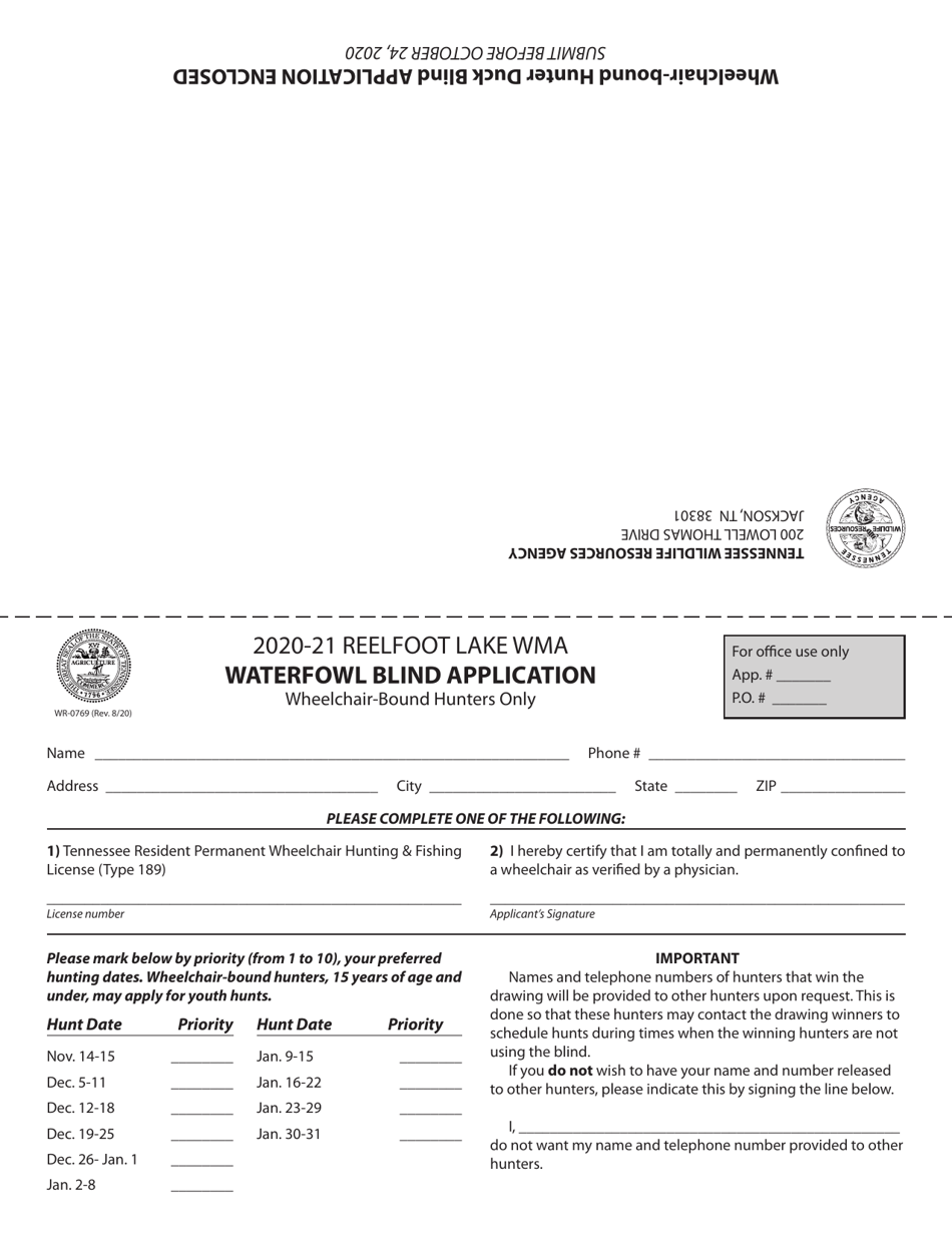 Form WR-0769 Waterfowl Blind Application - Reelfoot Lake Wma - Tennessee, Page 1
