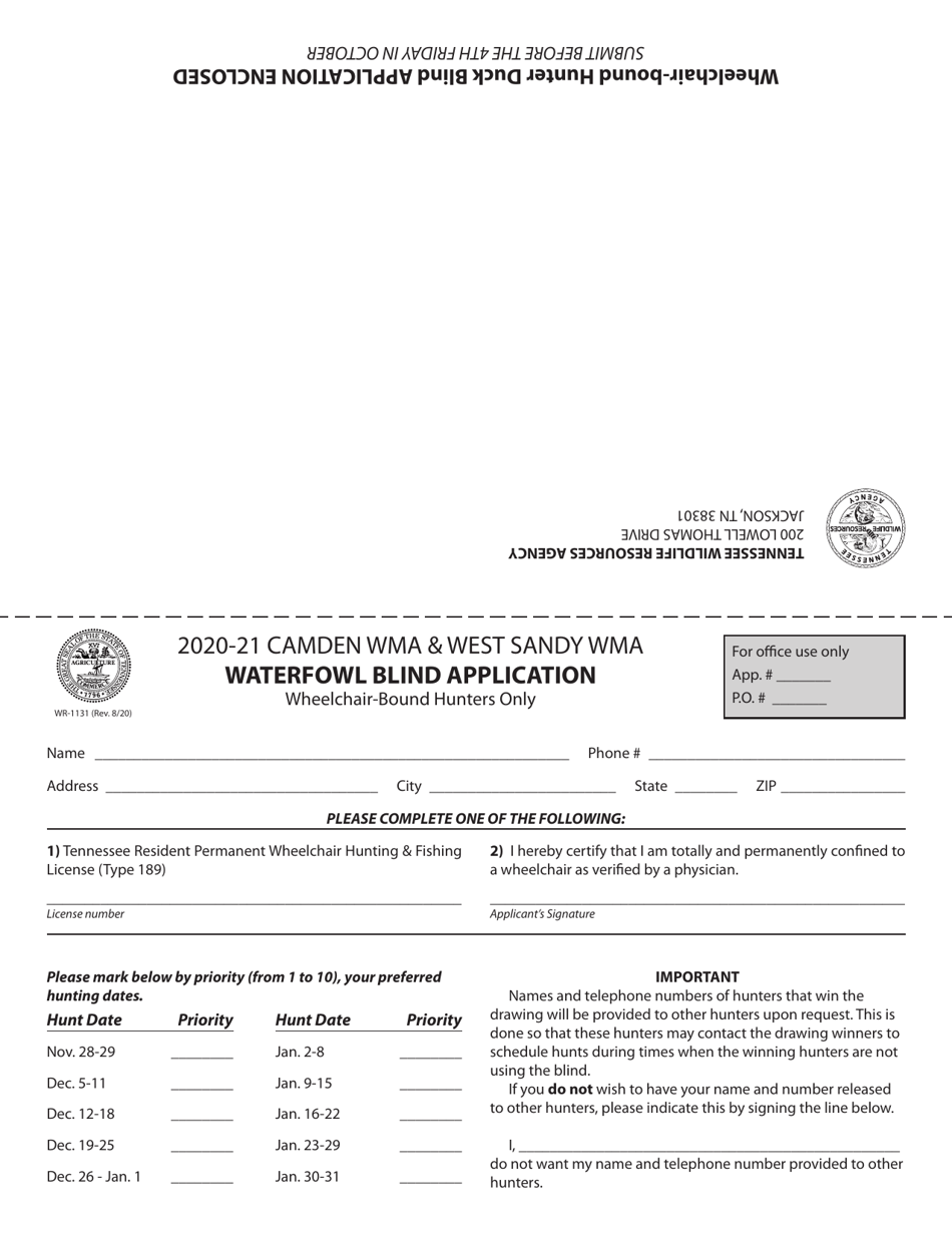 Form WR-1131 Waterfowl Blind Application for Wheelchair Bound Hunters - Camden Wma  West Sandy Wma - Tennessee, Page 1