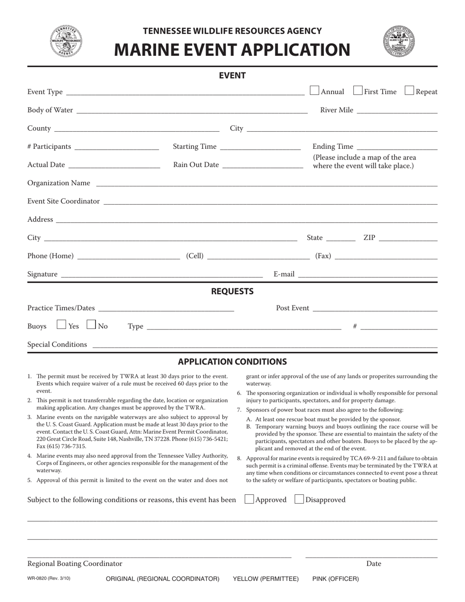 Form WR-0820 Marine Event Application - Tennessee, Page 1