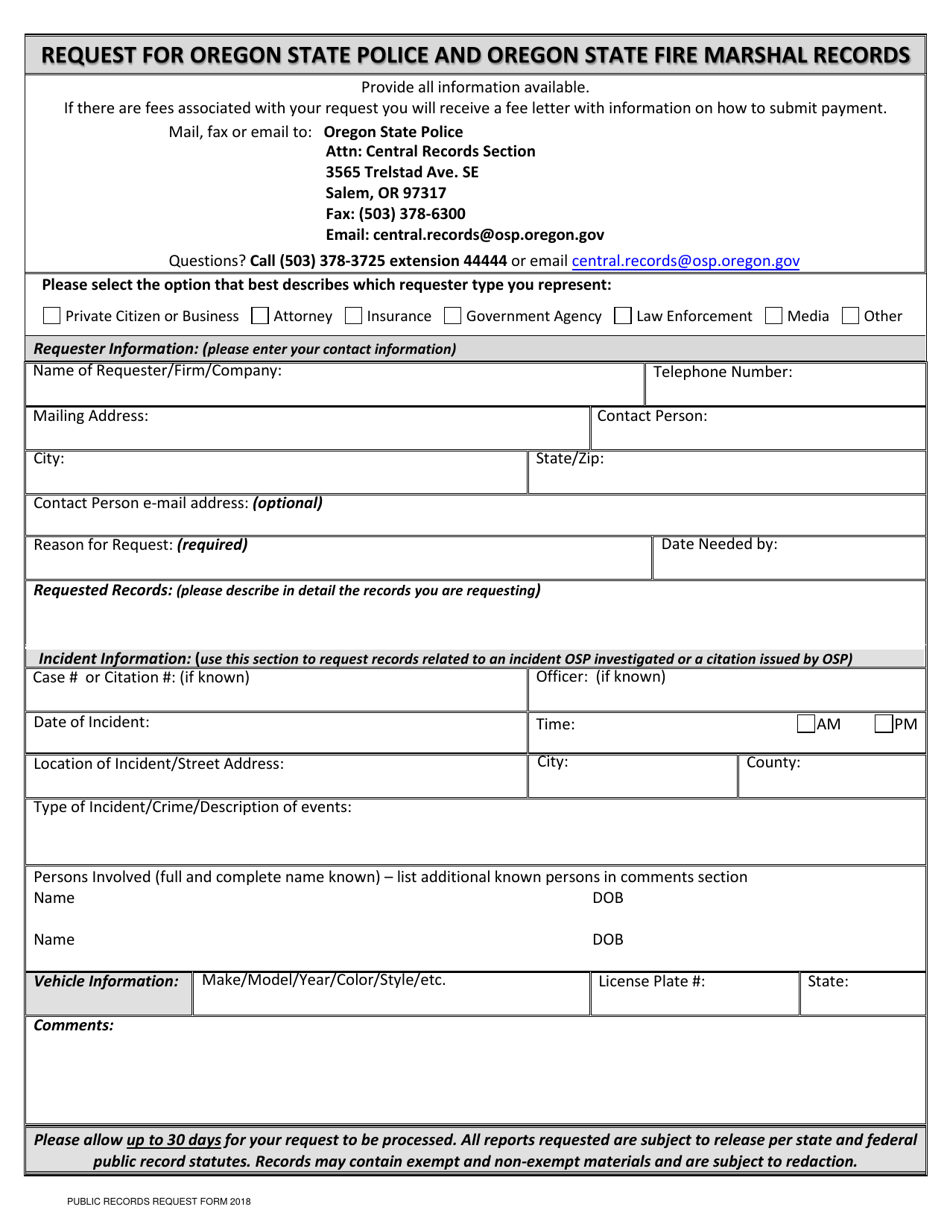 Request for Oregon State Police and Oregon State Fire Marshal Records - Oregon, Page 1