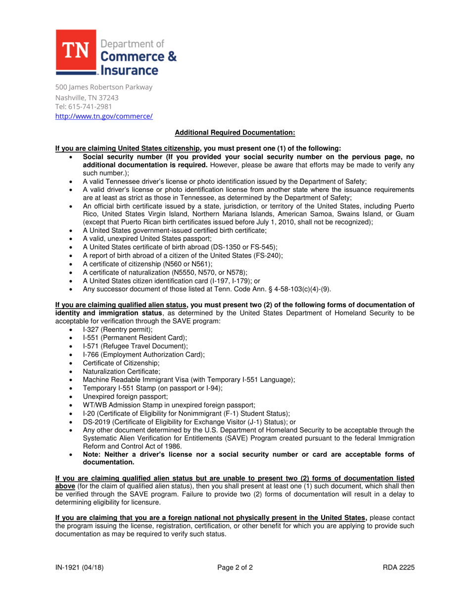Form IN-1921 Eligibility Verification for Entitlements Act Attestation - Tennessee, Page 2