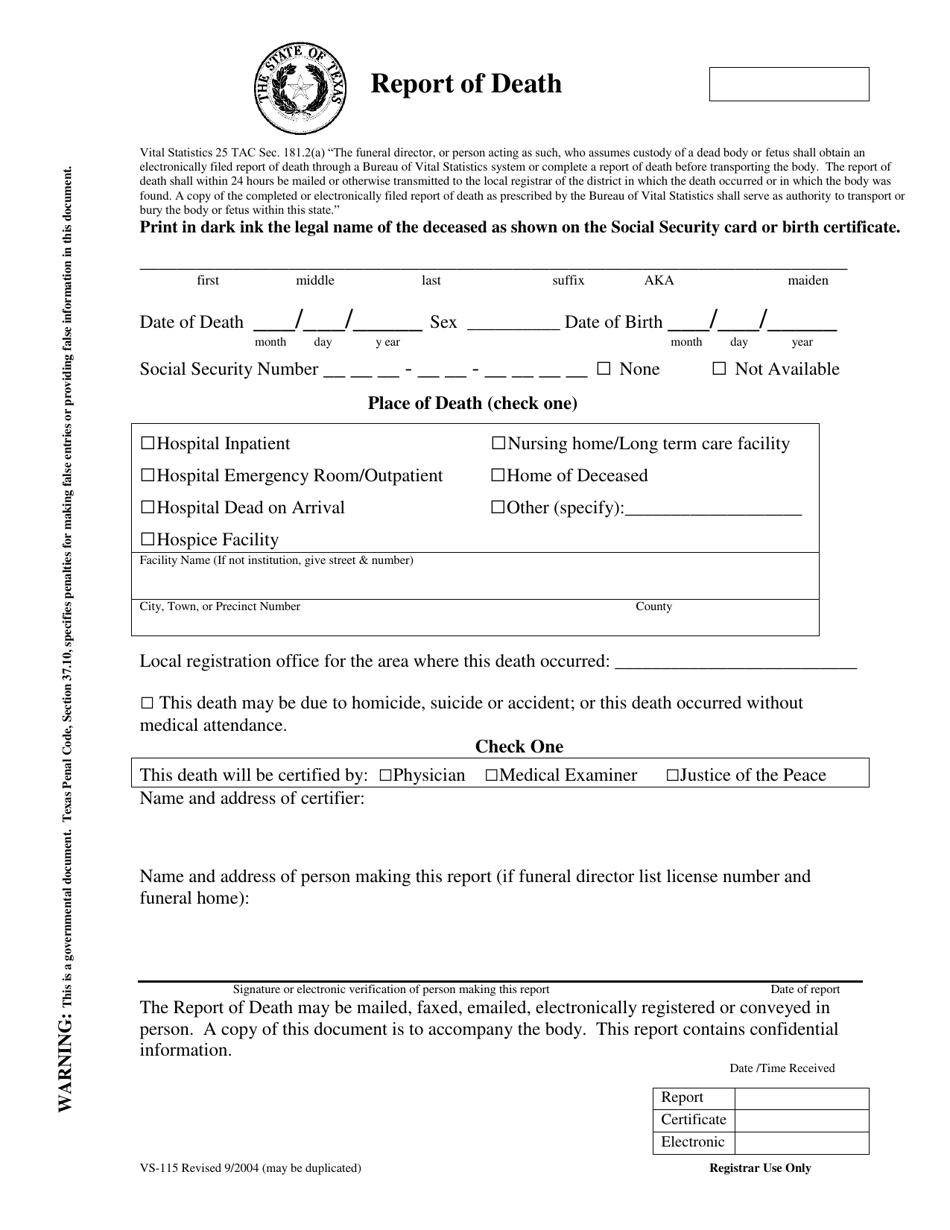 Form VS-115 Report of Death - Texas, Page 1