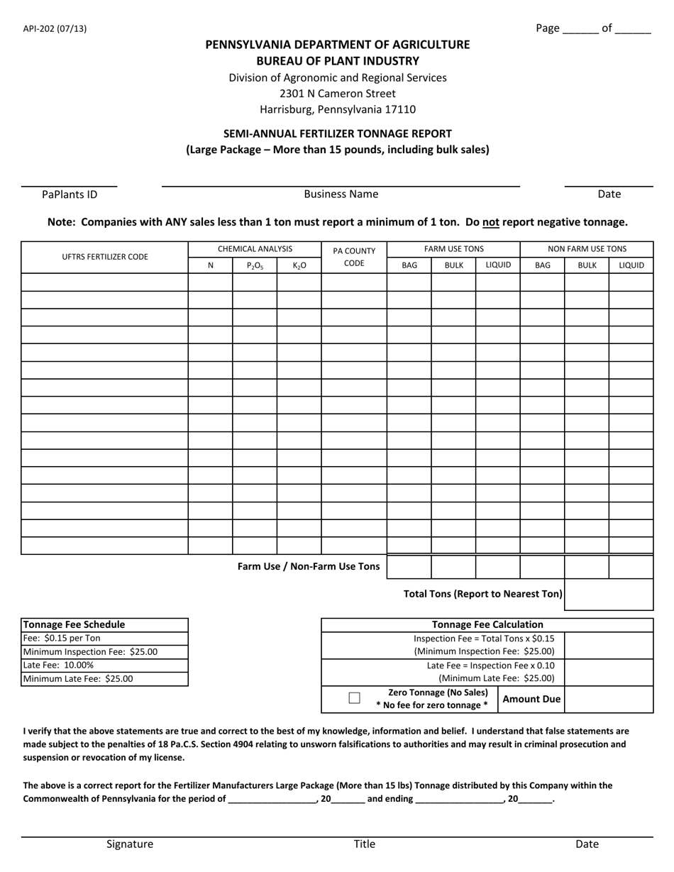 Form API-202 Semi-annual Fertilizer Tonnage Report (Large Package - More Than 15 Pounds, Including Bulk Sales) - Pennsylvania, Page 1