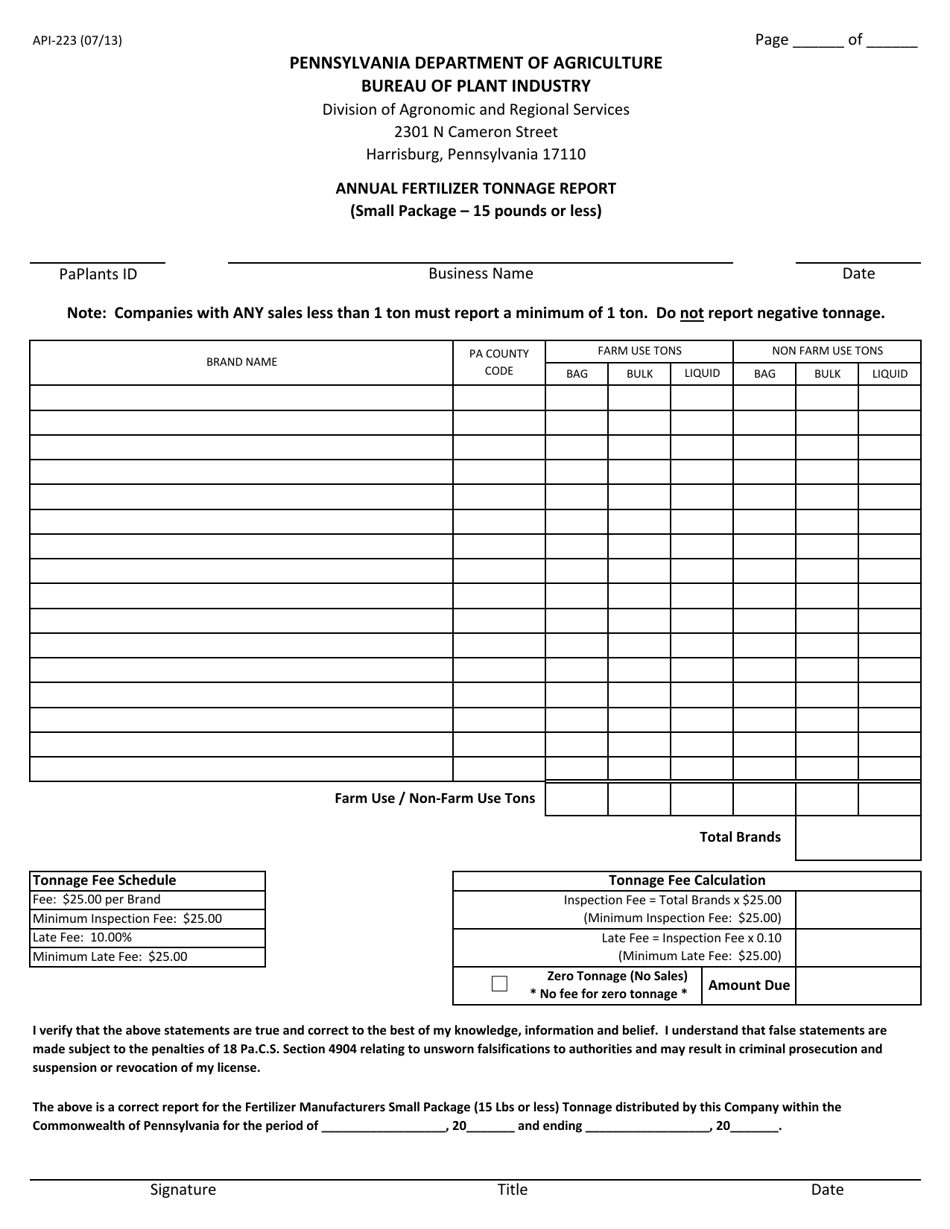 Form API-223 Annual Fertilizer Tonnage Report (Small Package - 15 Pounds or Less) - Pennsylvania, Page 1