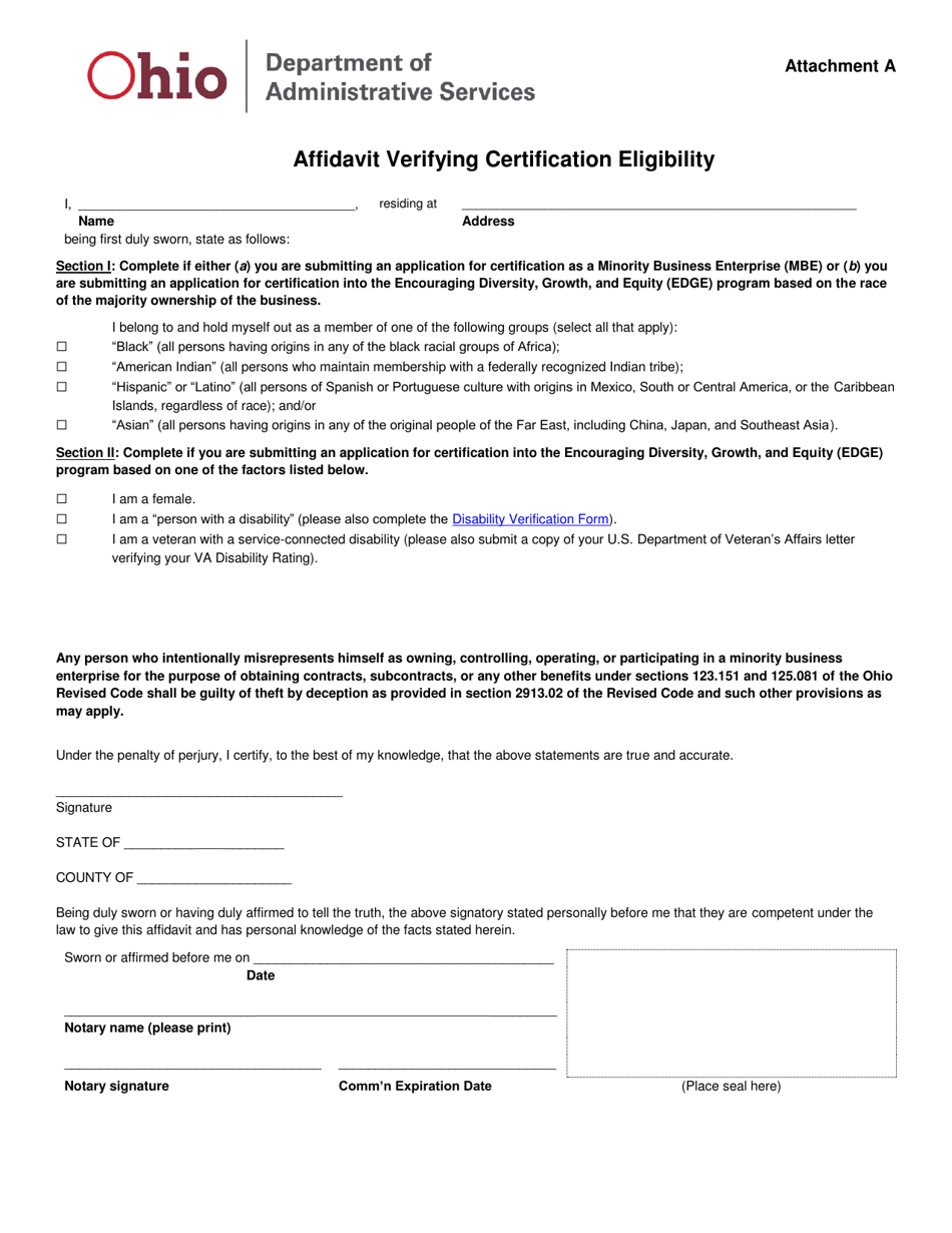 Attachment A Affidavit Verifying Certification Eligibility - Ohio, Page 1