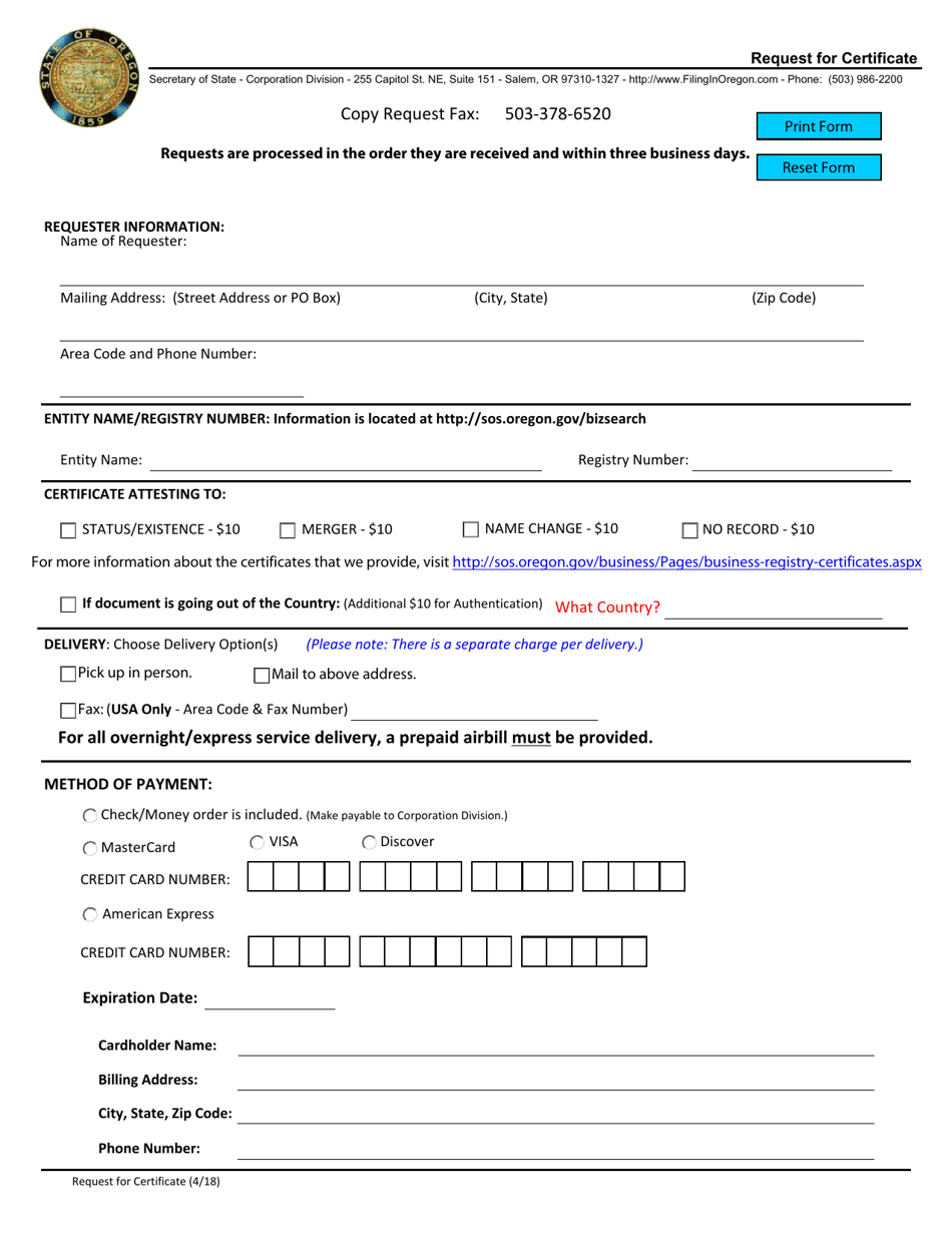 Request for Certificate - Oregon, Page 1