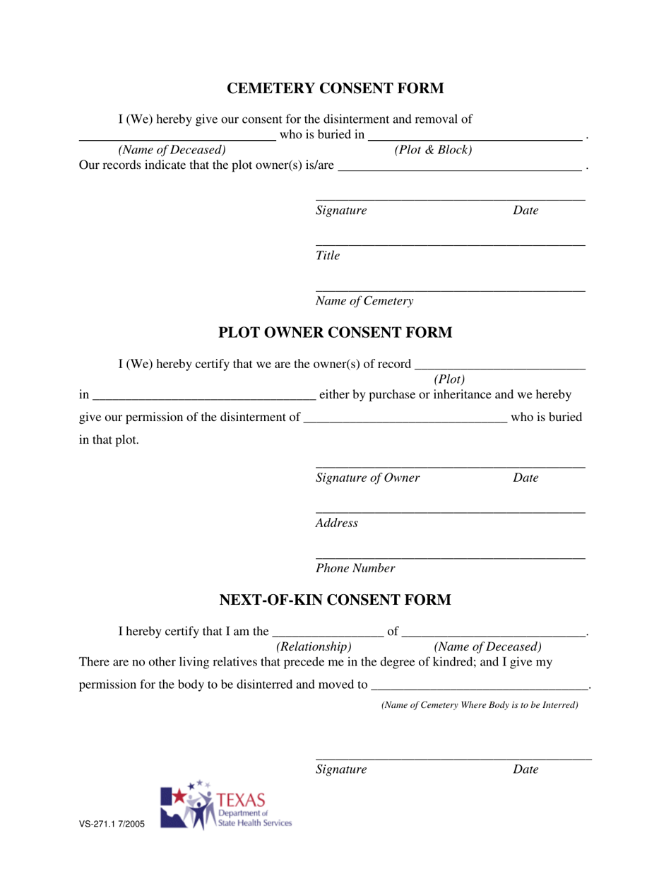 Form VS-271.1 Disinterment Consent Form - Texas, Page 1