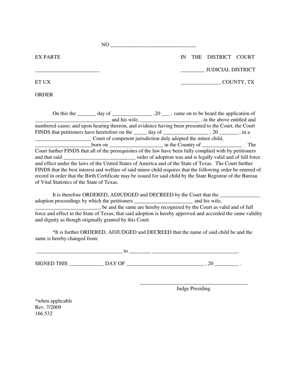 Form VS-166.532 Validation Order - Texas, Page 1