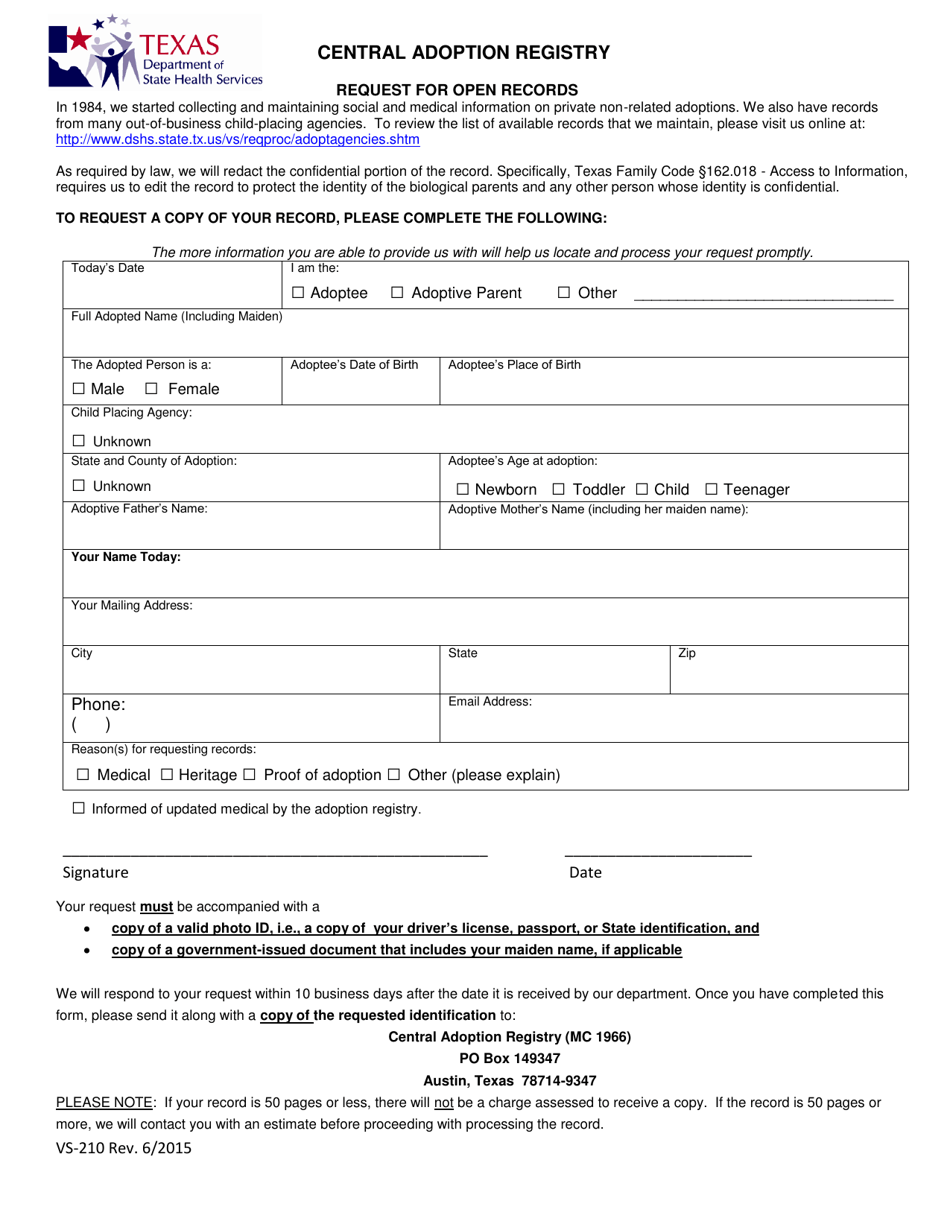 Form VS-210 Central Adoption Registry Request for Open Records - Texas, Page 1