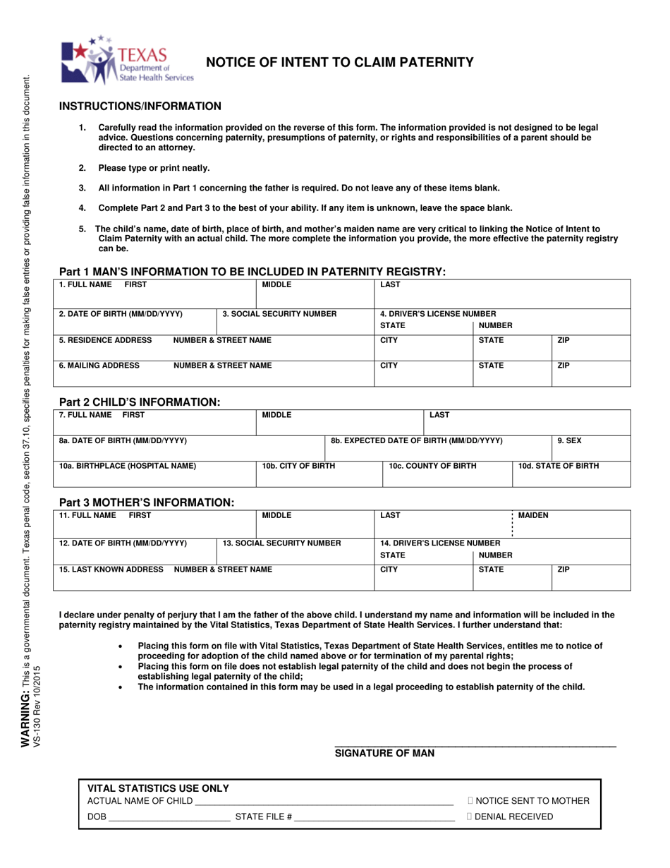 Form VS-130 Notice of Intent to Claim Paternity - Texas, Page 1
