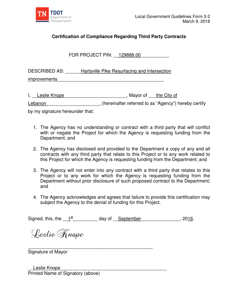 Sample Form 3-2 Certification of Compliance Regarding Third Party Contracts - Tennessee, Page 1